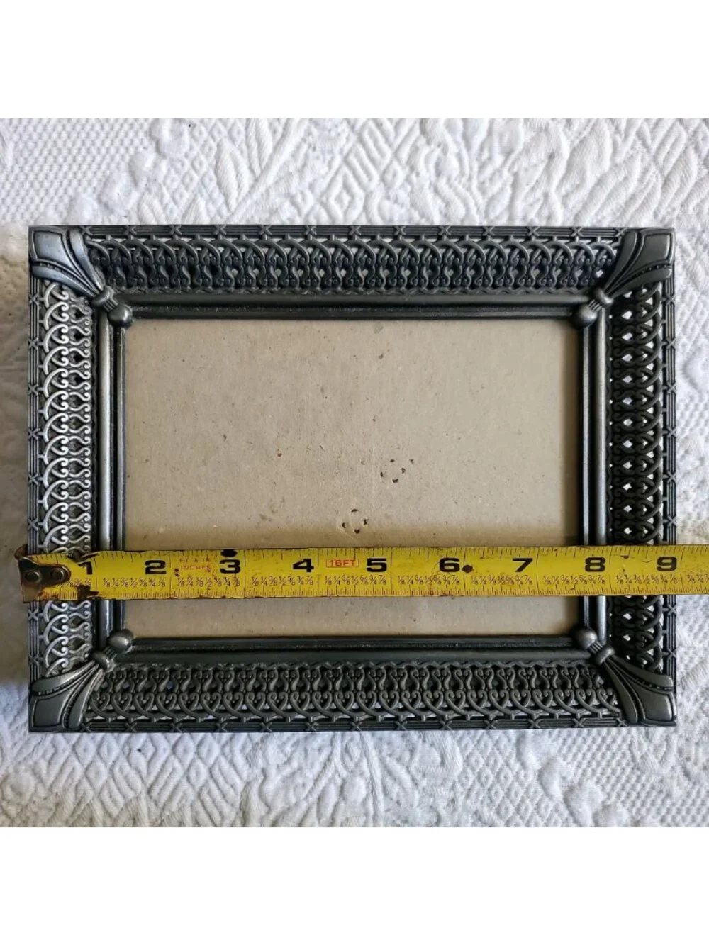 Vtg Ornate Filigree Photo Frame 7x9 Holds 4.5x6.5 Fleur-de-Lis pewter open work